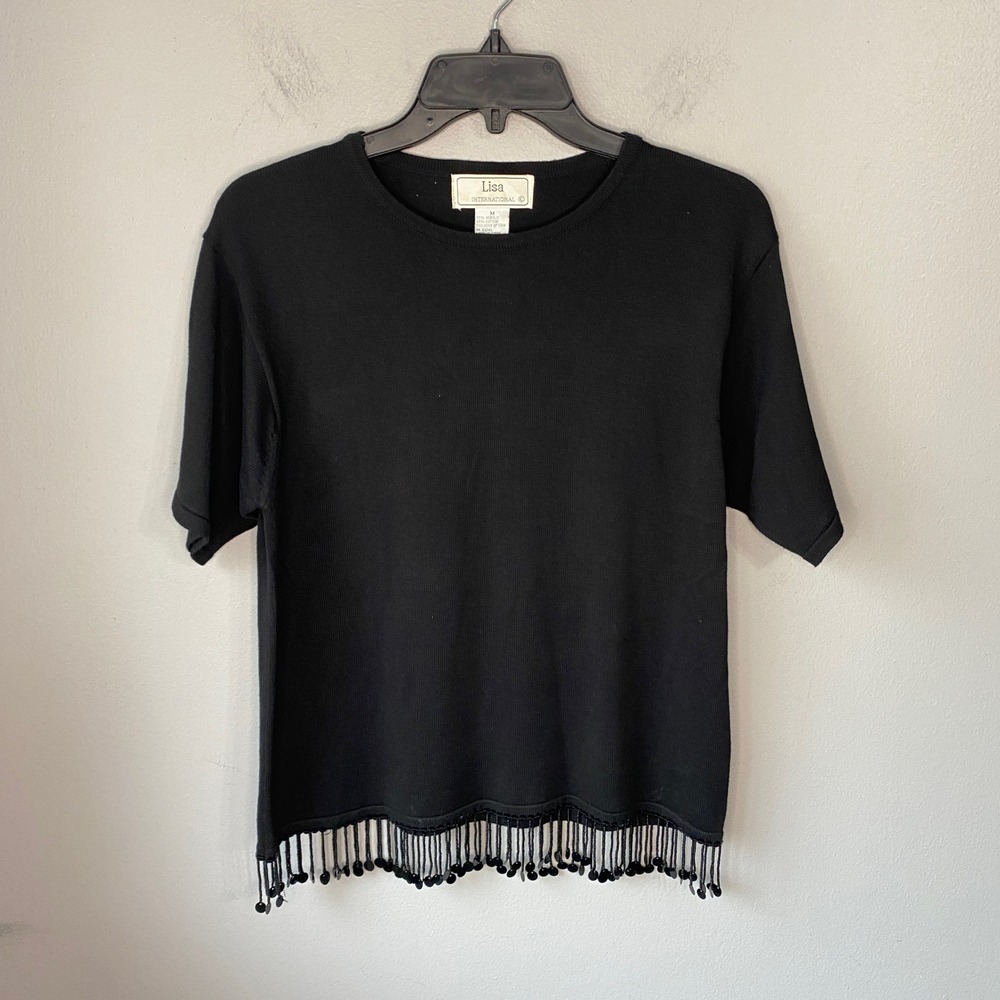 Lisa International Black Beaded Fringe Sequin‎ Hem Knit Top Short Sleeve Medium